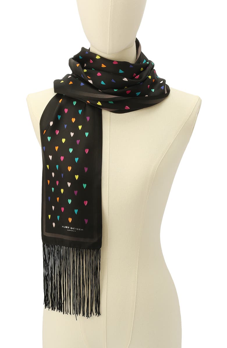 Kurt Geiger London Rainbow Heart Print Party Fringe Silk Scarf, Alternate, color, Classic Rainbow