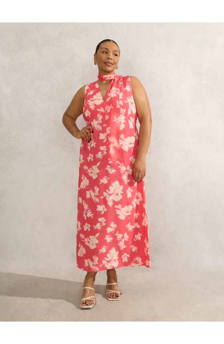 Live Unlimited Floral Midi Dress With Neck Scarf, Alternate, color, Coral