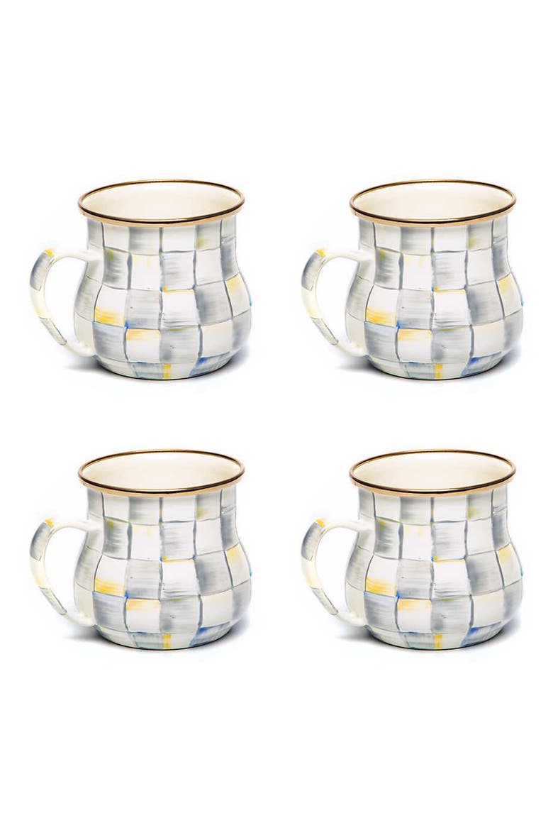Sterling Check Set of 4 Enameled Steel Mugs, Main, color, GREY/ WHITE