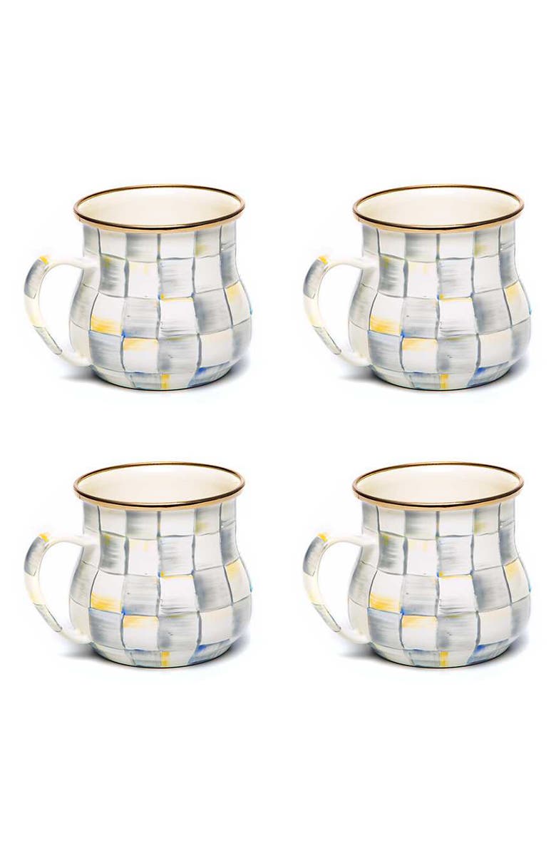 MACKENZIE CHILDS Sterling Check Set of 4 Enameled Steel Mugs, Main, color, Grey/ White