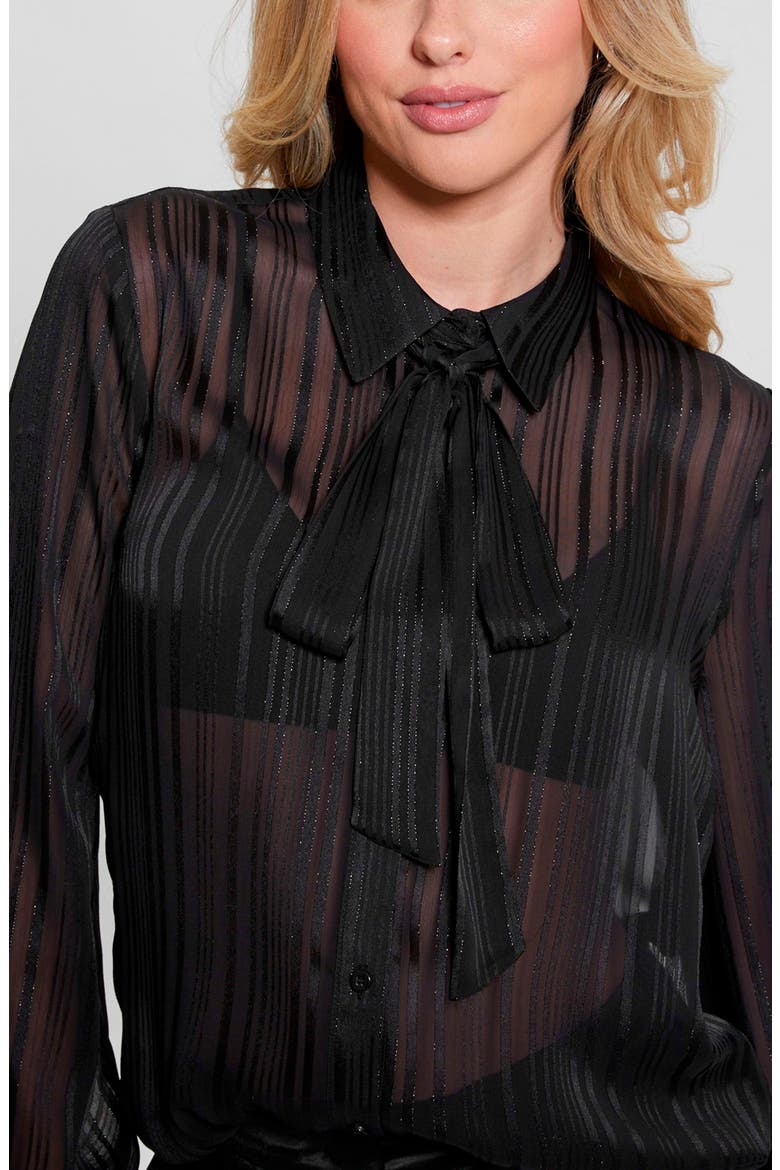 Oriane Tie Neck Metallic Tonal Stripe Satin Button-Up Shirt, Alternate, color, JET BLACK