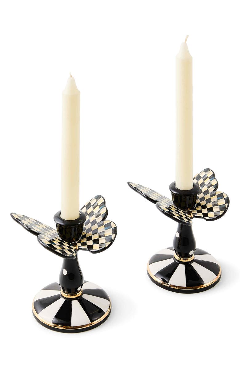 MACKENZIE CHILDS Courtly Check Set of 2 Tall Butterfly Candleholders, Alternate, color, Courtly