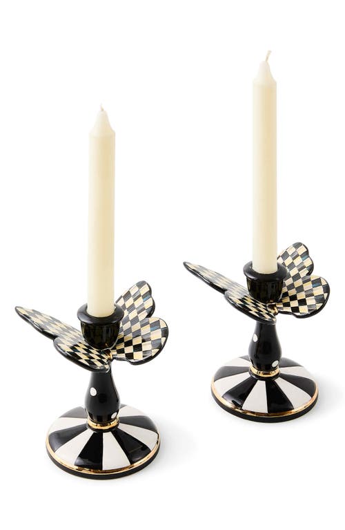 Mackenzie-childs Mackenzie Childs Courtly Check Set Of 2 Tall Butterfly Candleholders In Black