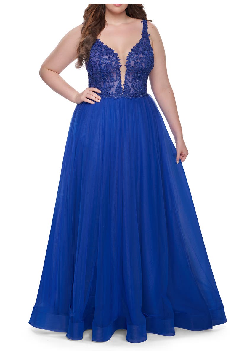 La Femme Deep V Plus Size Tulle Dress with Lace Illusion Bodice, Main, color, Royal Blue