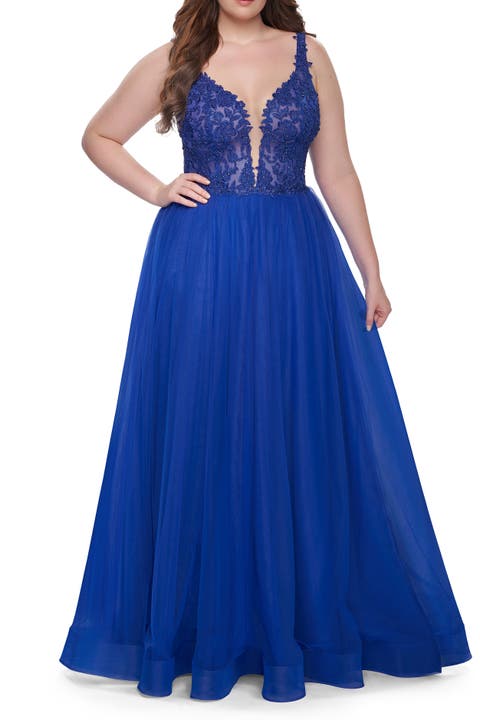 Deep V Plus Size Tulle Dress with Lace Illusion Bodice