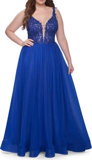 La Femme Deep V Plus Size Tulle Dress with Lace Illusion Bodice