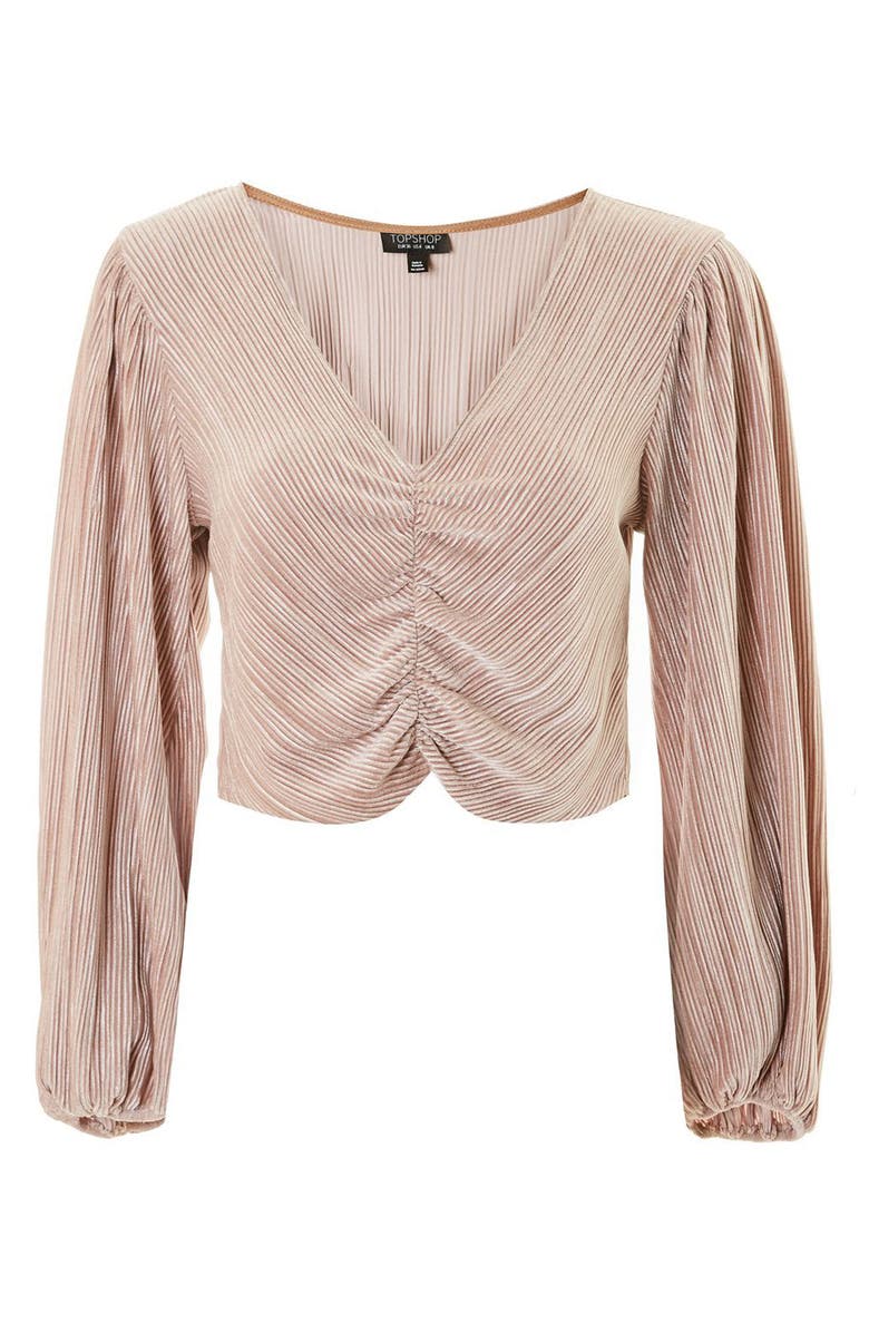 Topshop Velvet Crinkle Ruched Blouse, Alternate, color,