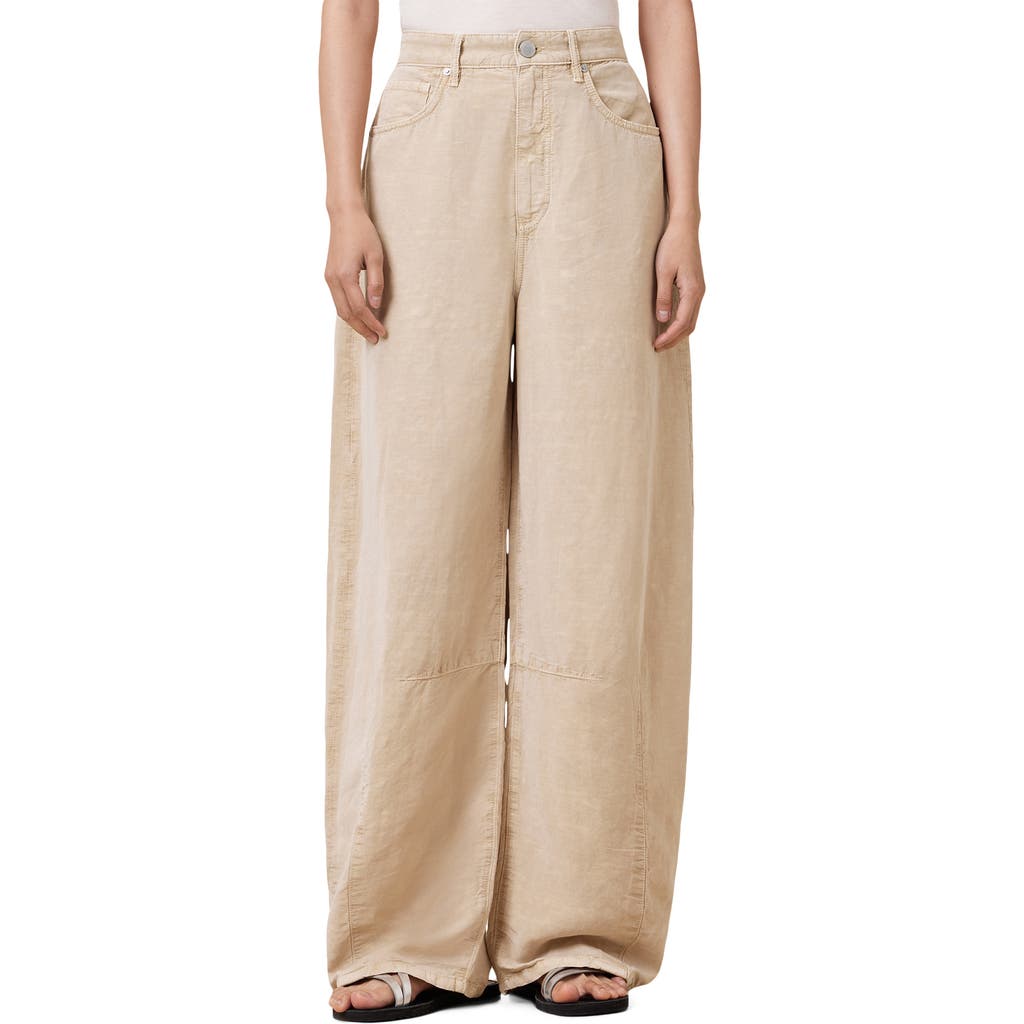 Allsaints Womens Sand Brown Jett Barrel-leg Linen-blend Trousers