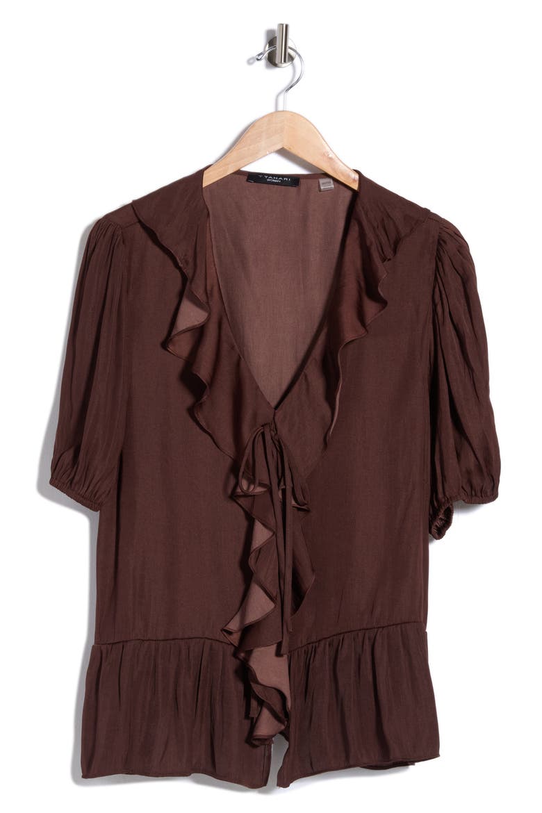 Ruffle Short Sleeve Peplum Top, Alternate, color, COCOA BEAN