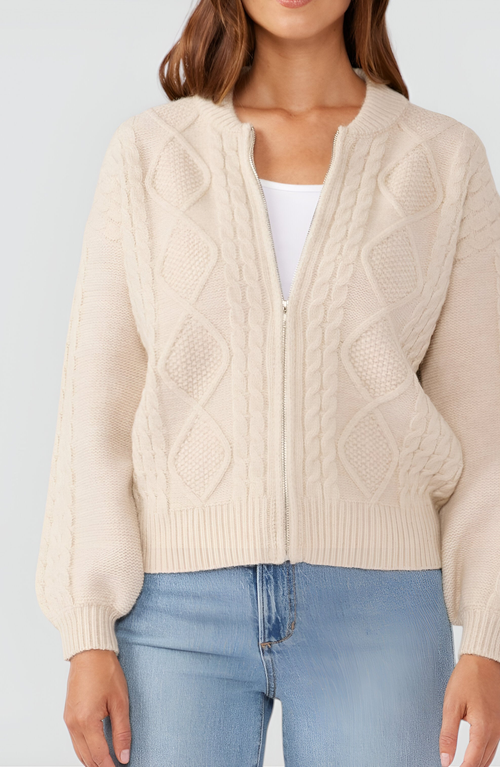 Modenaire Cable Knit Zip Front Cardigan With Diamond Pattern And Ribbed Trim Balloon Sleeves In White