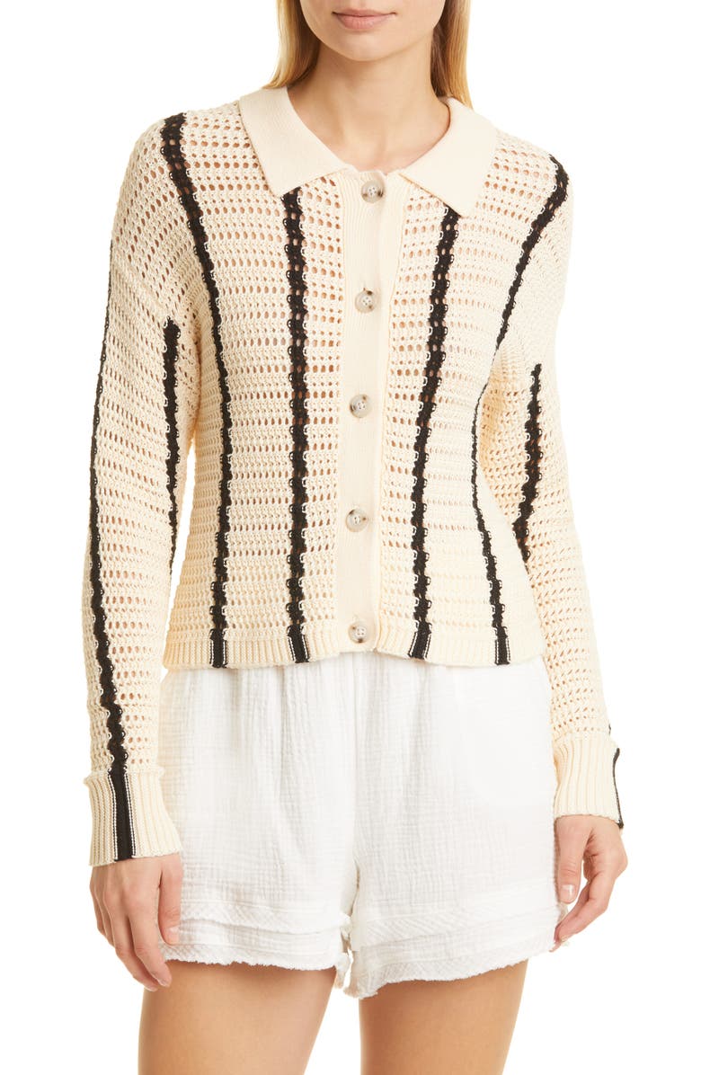 Monrow Vertical Stripe Organic Cotton Crochet Cardigan, Main, color, 