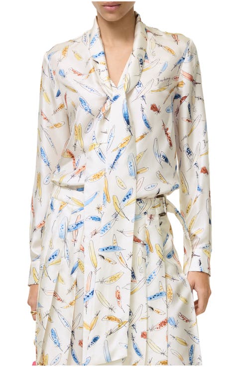 Feather Print Silk Scarf Blouse