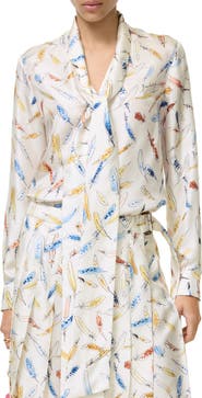 Burberry Feather Print Silk Scarf Blouse