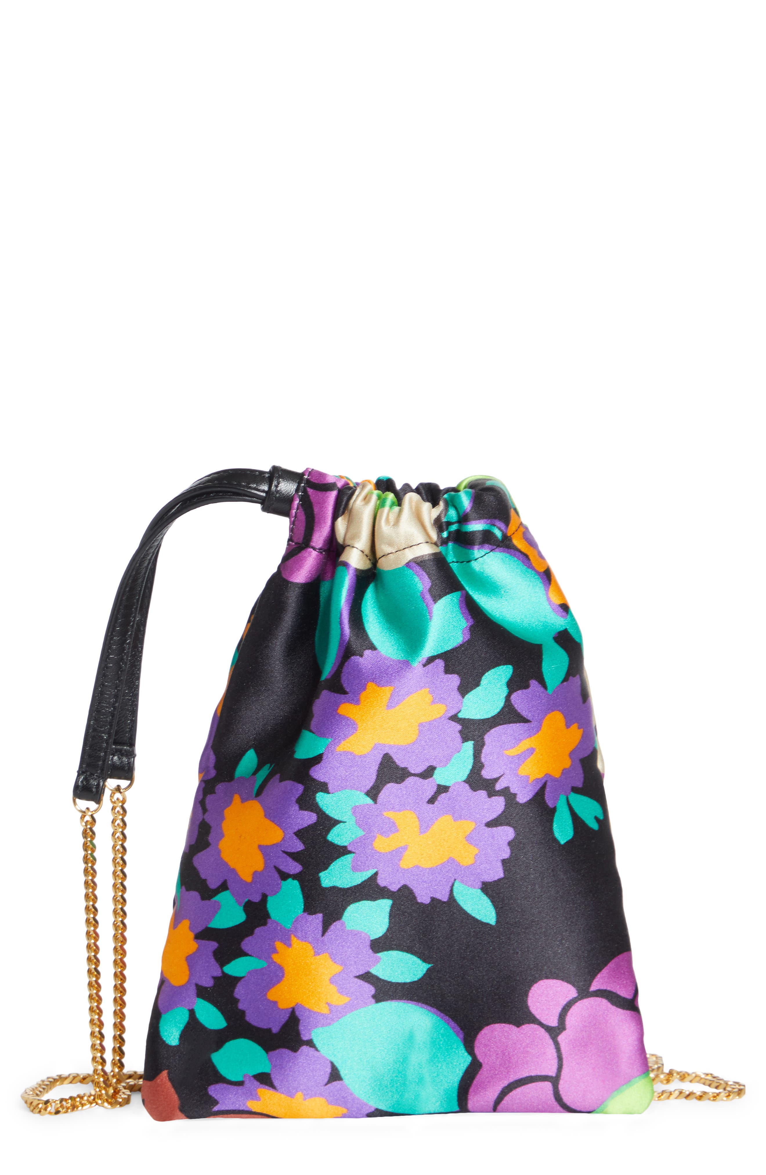 Saint Laurent Mini Pochon Floral Print Satin Drawstring Pouch Shoulder Bag, Main, color, 