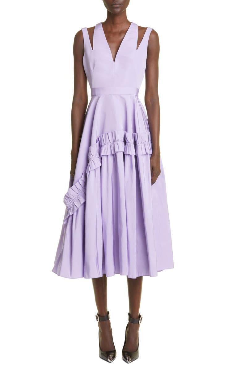 McQueen Shoulder Cutout Ruffle Faille Midi Dress, Main, color,