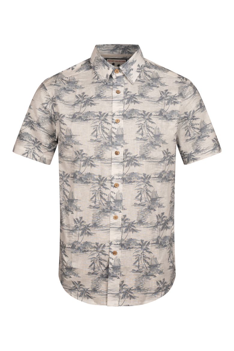 Beach Print Short Sleeve Linen & Cotton Blend Button-Up Shirt, Alternate, color, GREY