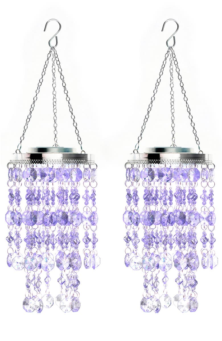 Glitzhome Set of 2 Solar Lighted Acrylic Jewel Beaded Wind Chime or Chandelier Hanging Decor, Main, color, White