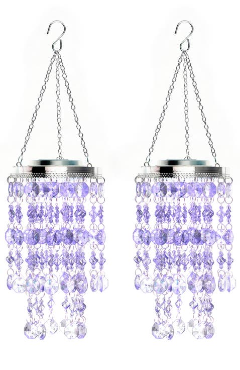 Set of 2 Solar Lighted Acrylic Jewel Beaded Wind Chime or Chandelier Hanging Decor