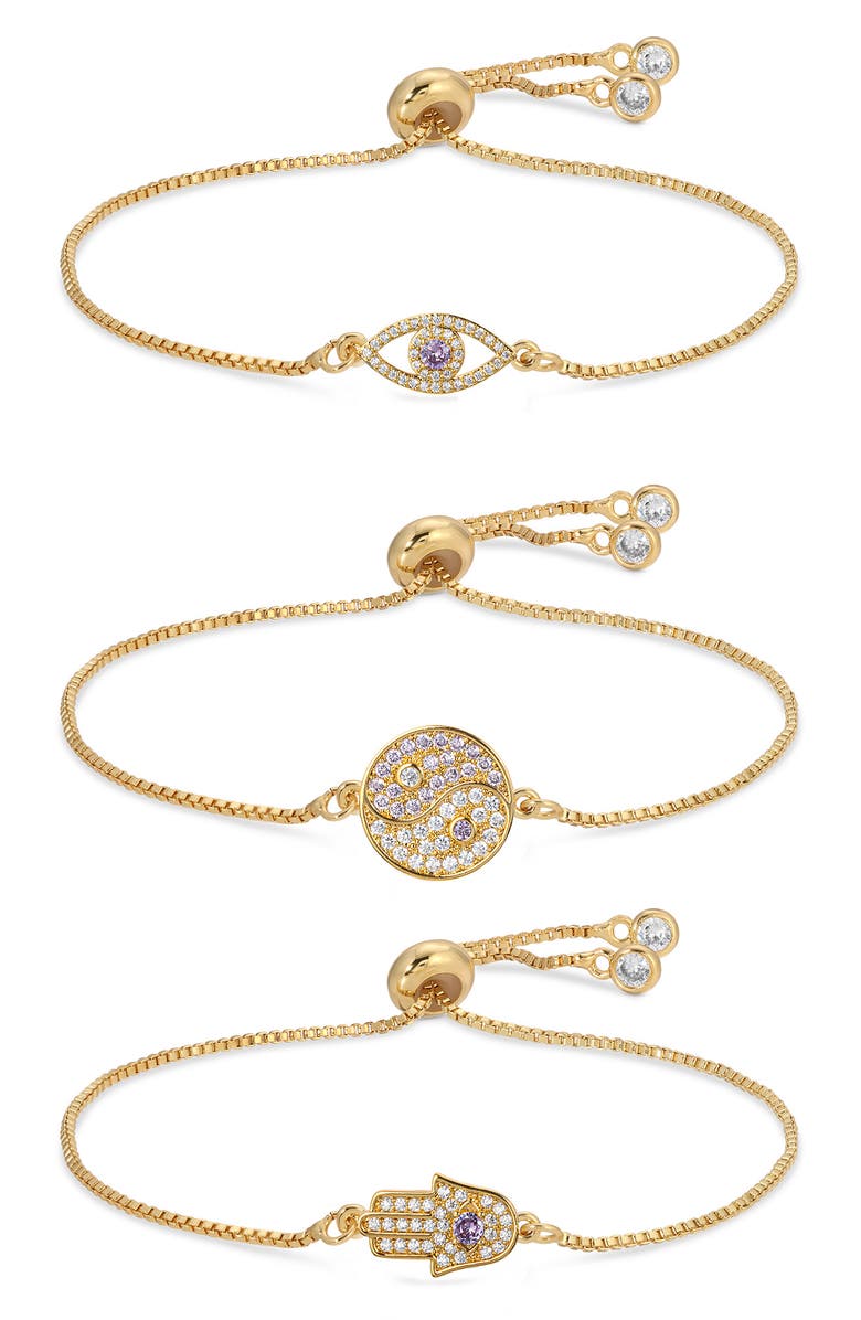 EYE CANDY LOS ANGELES Set of 3 Yin & Yang Hamsa Evil Eye Slider Bracelets, Main, color, Gold