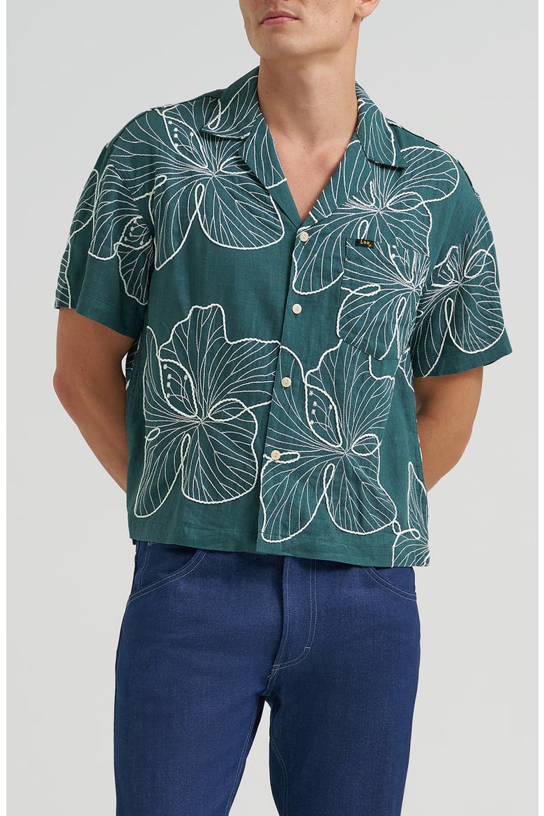 Embroidered Camp Shirt, Main, color, ALGAE FLORAL