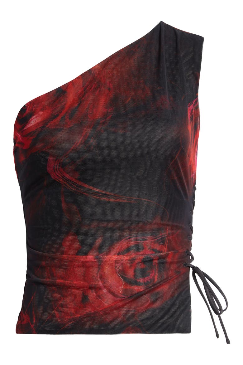 Rose One-Shoulder Lace-Up Mesh Top, Alternate, color, BLACK ROSE PRINT