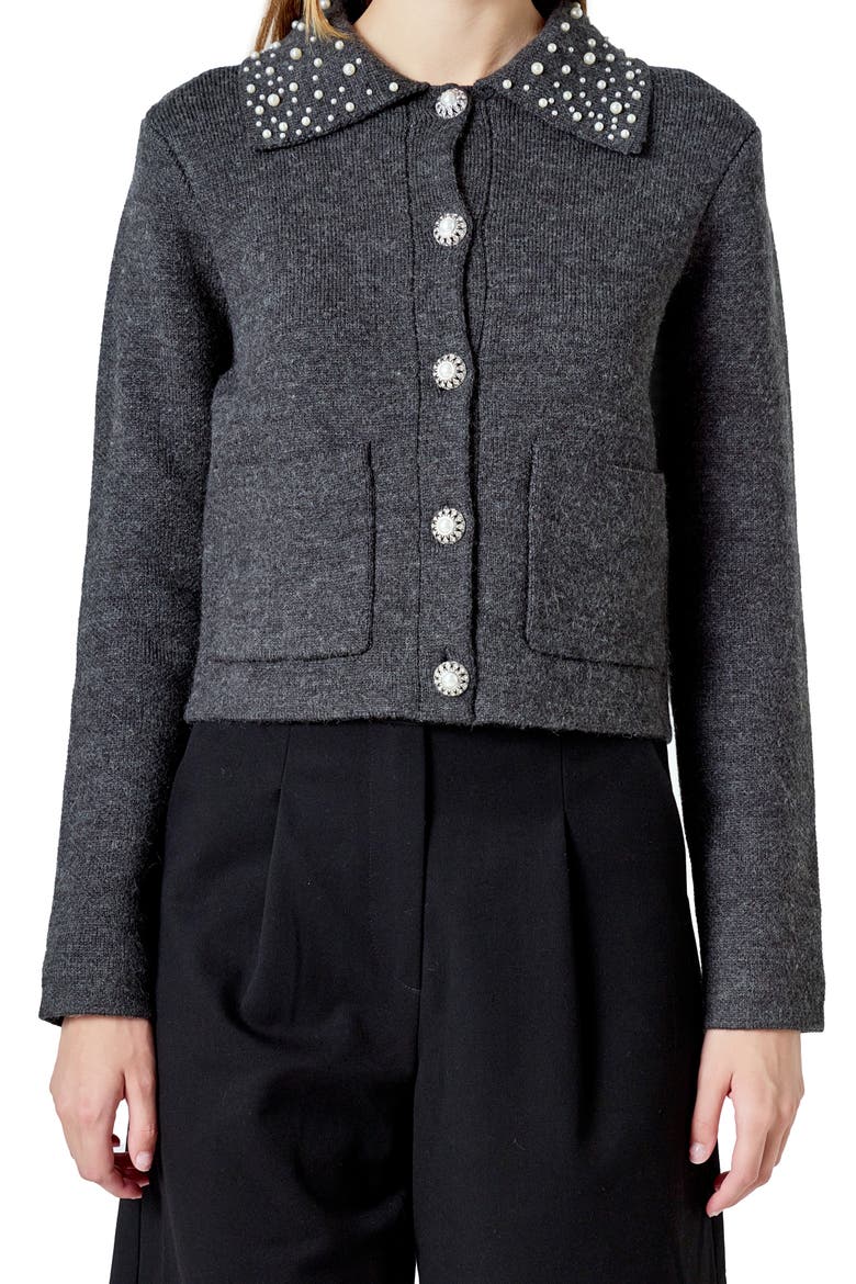 Embellished Collar Cardigan, Alternate, color, DARK GREY