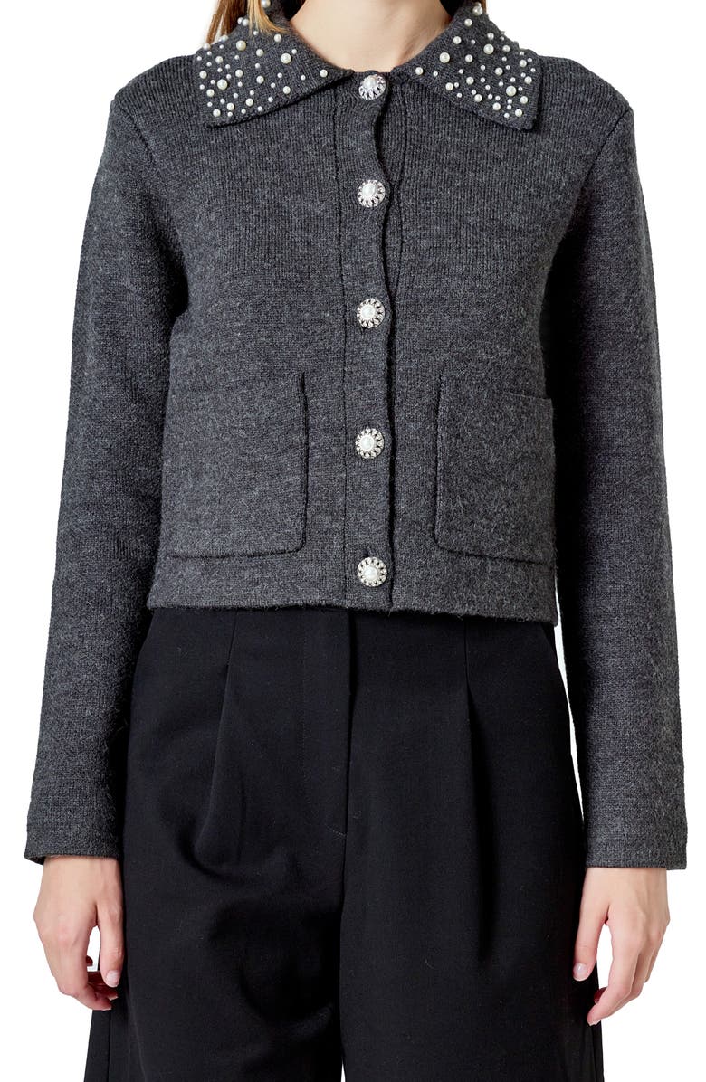 Endless Rose Embellished Collar Cardigan, Alternate, color, Dark Grey