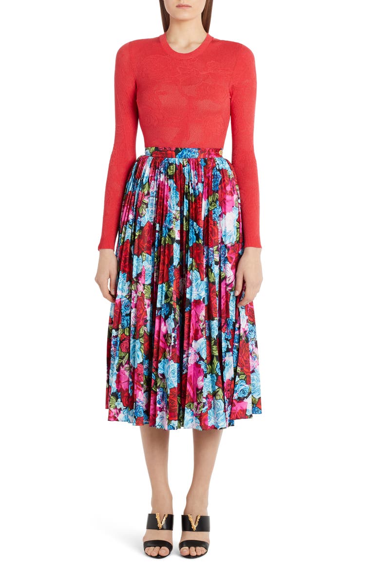 Pleated Floral Print Midi Skirt, Alternate, color, RED/ BABY BLUE/ FUCHSIA