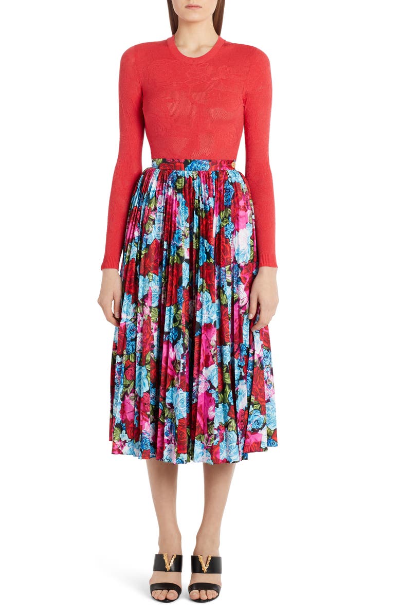 Versace Pleated Floral Print Midi Skirt, Alternate, color,
