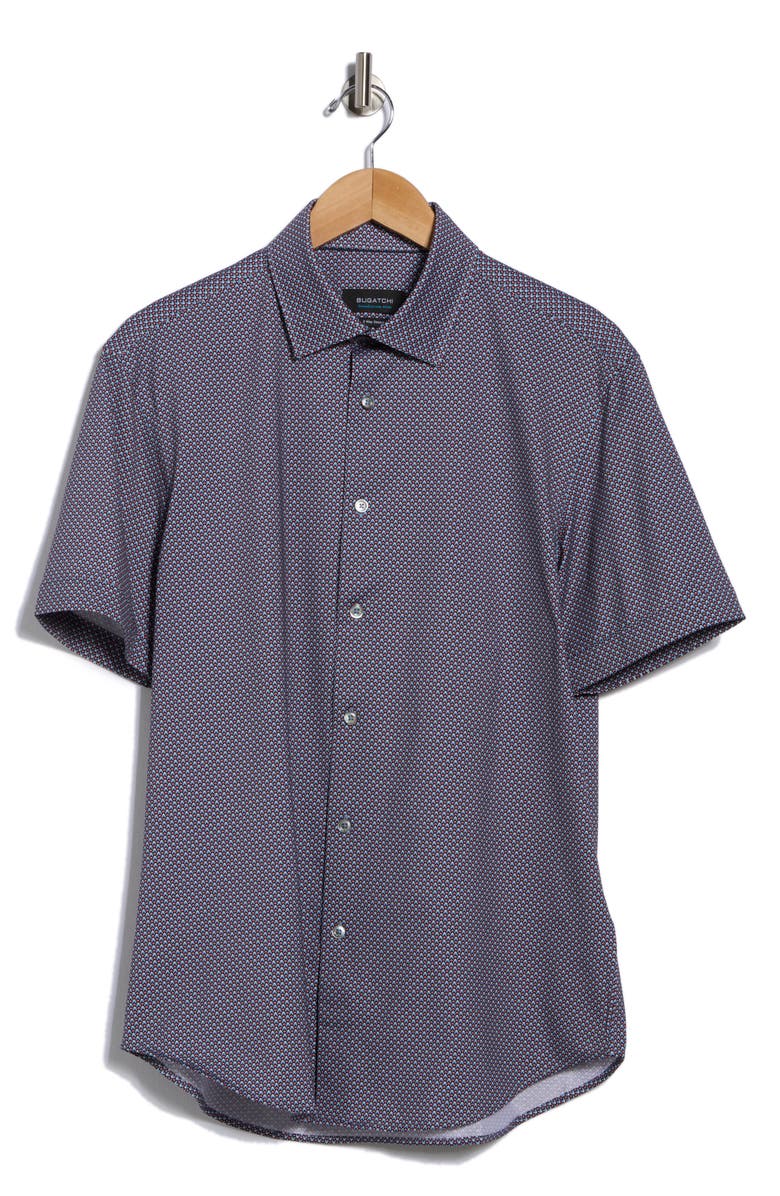 Bugatchi Miles Short Sleeve 8-Way Stretch OoohCotton<sup>®</sup> Button-Up Shirt, Alternate, color, Cement