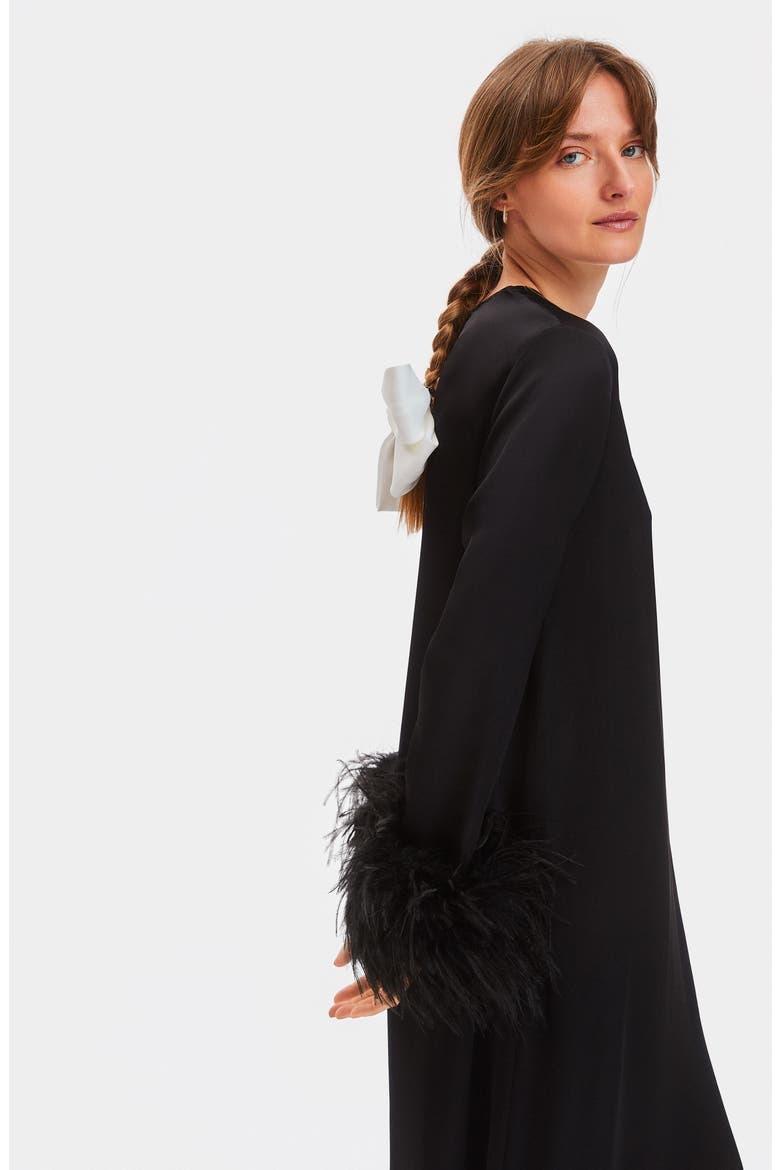 Suxi Feather Trim Maxi Nightgown, Alternate, color, BLACK