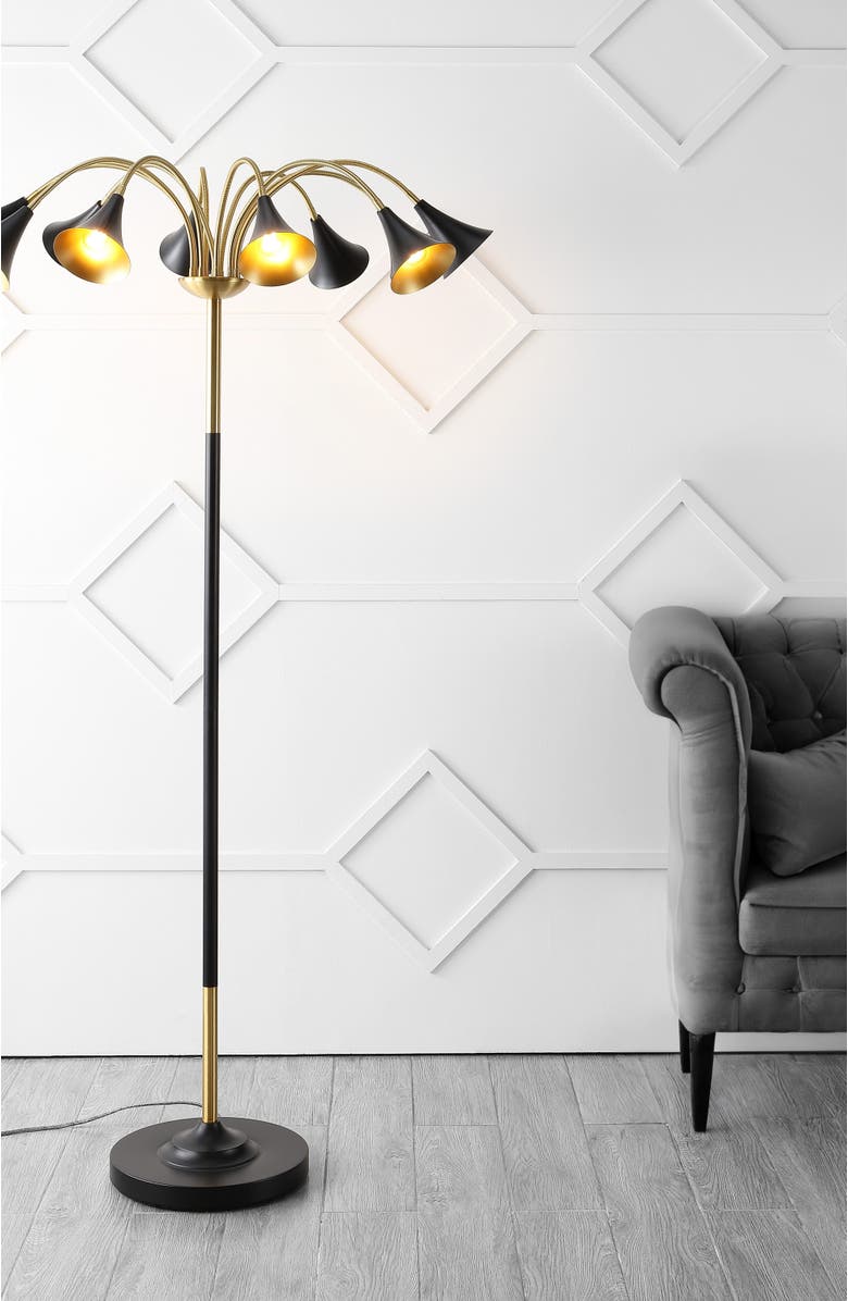 JONATHAN Y Vivian 61" 10-Light Mid-Century Modern Iron Medusa Multi Head LED Floor Lamp, Alternate, color, Brass Gold/Black