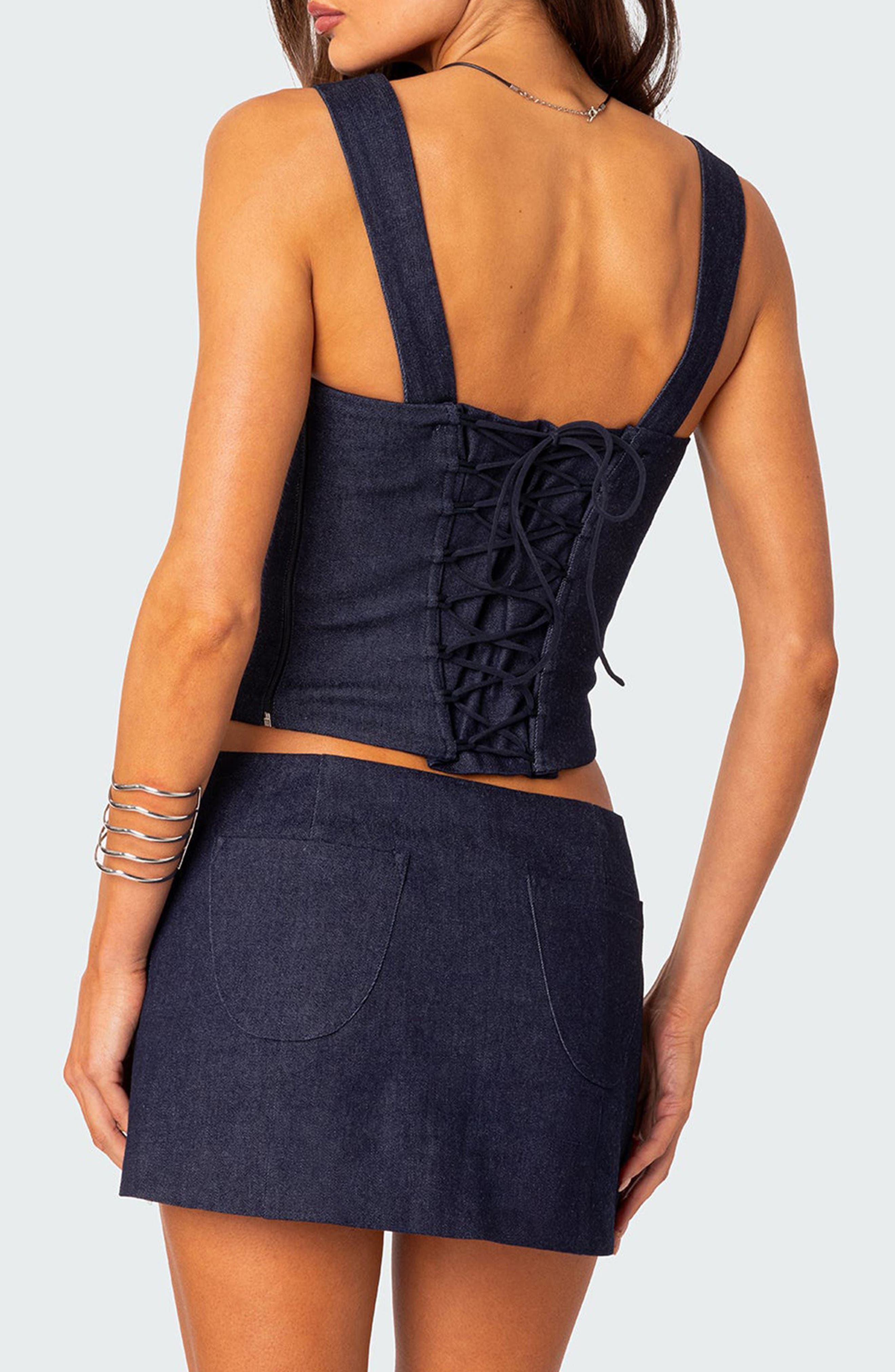 Jemma Lace-Up Denim Corset Crop Top - image 2