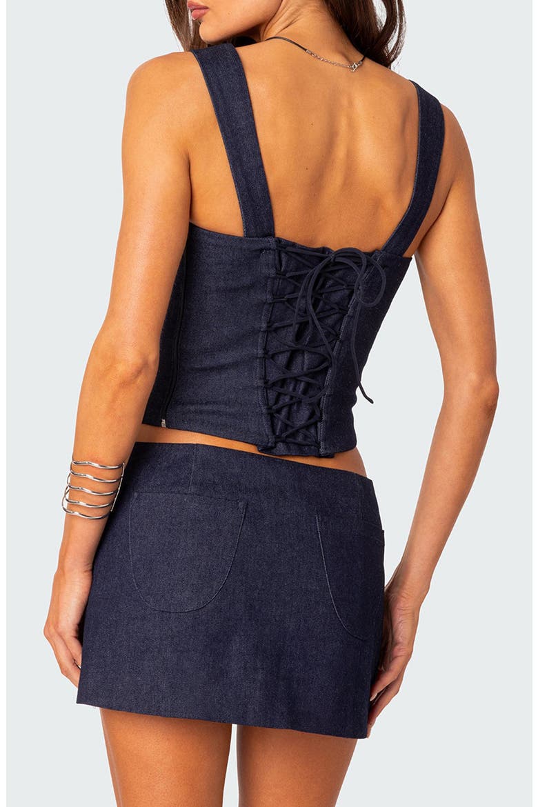 Jemma Lace-Up Denim Corset Crop Top, Alternate, color, DARK-BLUE