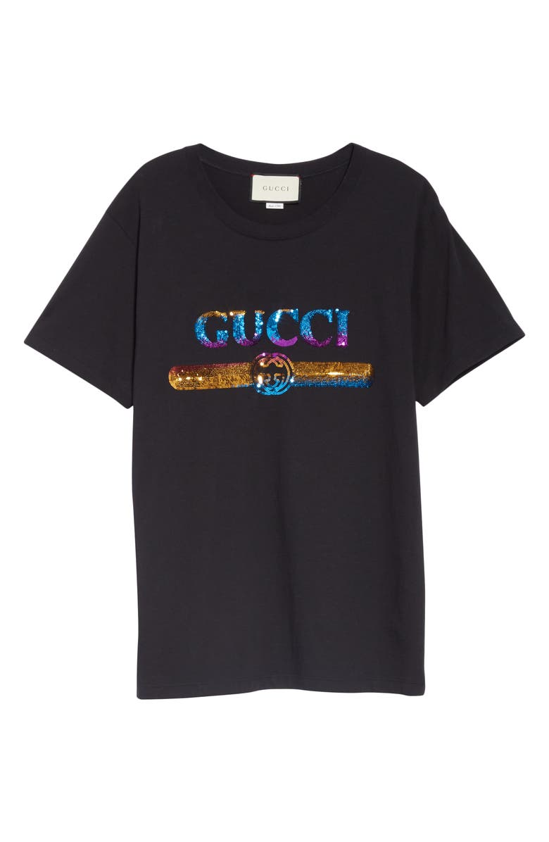 Gucci Rainbow Sequin Logo Tee, Alternate, color,