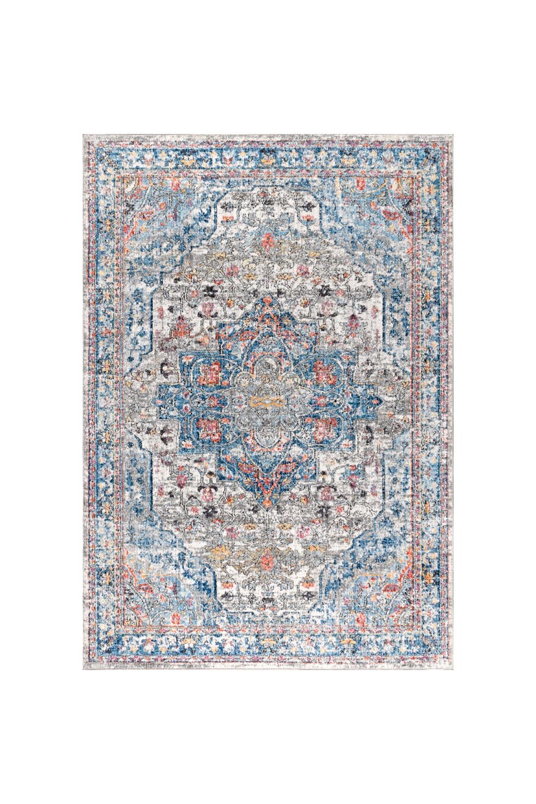 Manisa Vintage Medallion Area Rug, Main, color, Ivory/Peacock Blue/Coral