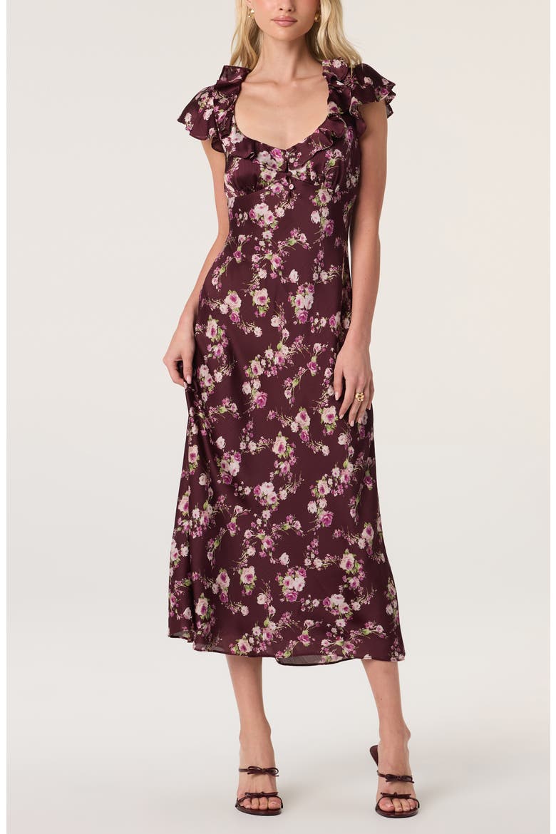 Nico Floral Ruffle Cap Sleeve Midi Dress, Alternate, color, BURGUNDY FLORAL