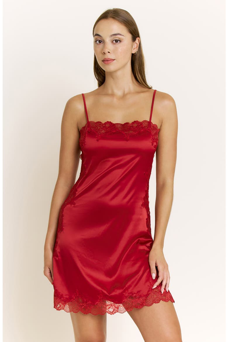 Garden of Eden Lace Trim Satin Chemise, Alternate, color, CHERRY
