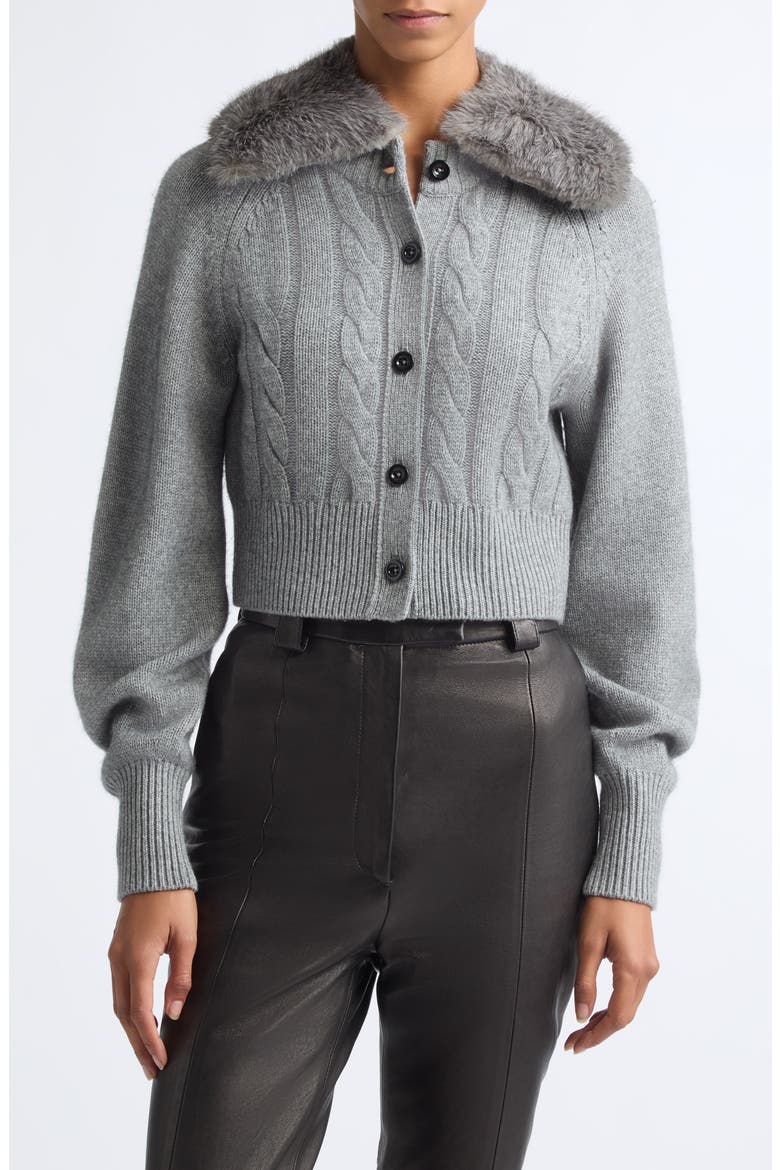 Rita Wool & Cashmere Cable Cardigan with Faux Fur Collar, Main, color, STORM