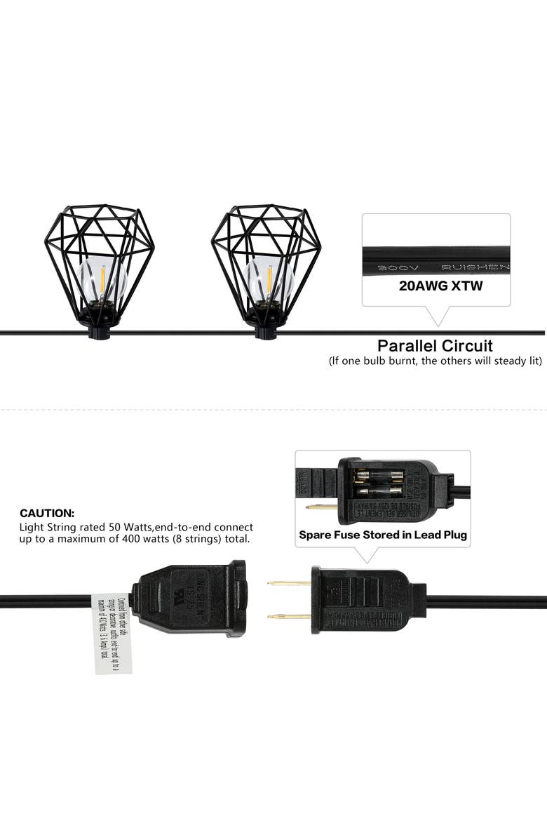 10-Light Indoor/Outdoor Contemporary Transitional Incandescent G40 Diamond Cage String Lights, Alternate, color, Black