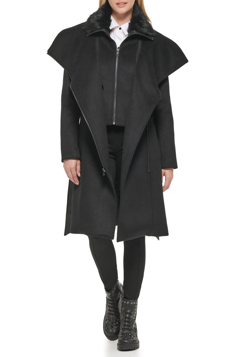 KARL LAGERFELD PARIS Asymmetrical Faux Fur Collar Long Coat, Main, color, 