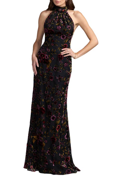 Sleeveless Velvet Halter Neck Gown With Drape