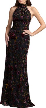 Mac Duggal Sleeveless Velvet Halter Neck Gown With Drape