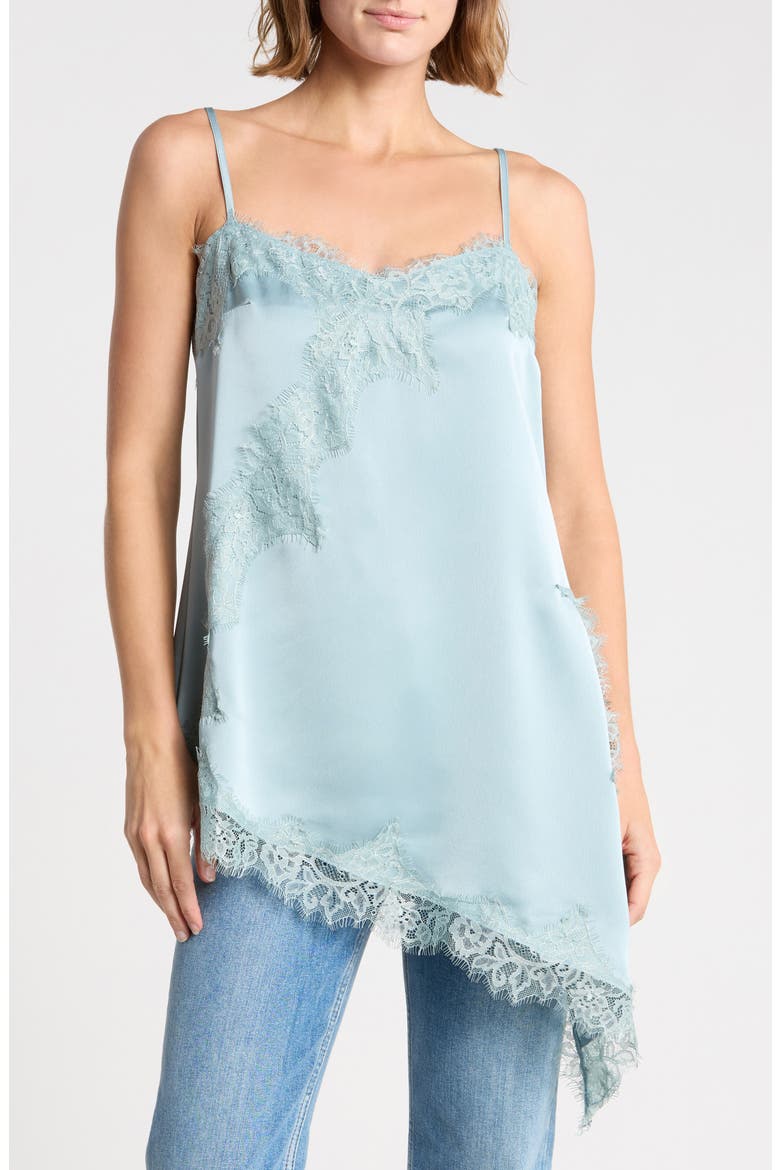 Lace Trim Asymmetric Satin Camisole, Main, color, DUSTY BLUE