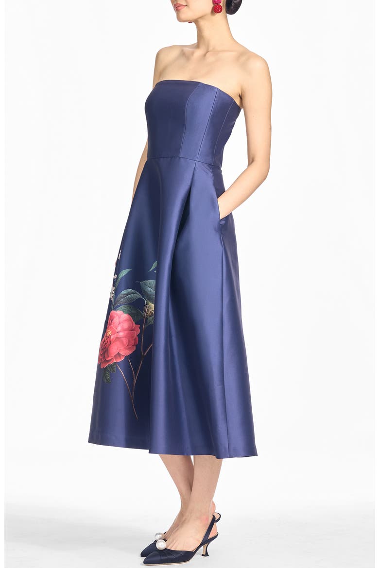 Shay Floral Strapless Stretch Mikado Cocktail Midi Dress, Alternate, color, BLUE CRIMSON CREME