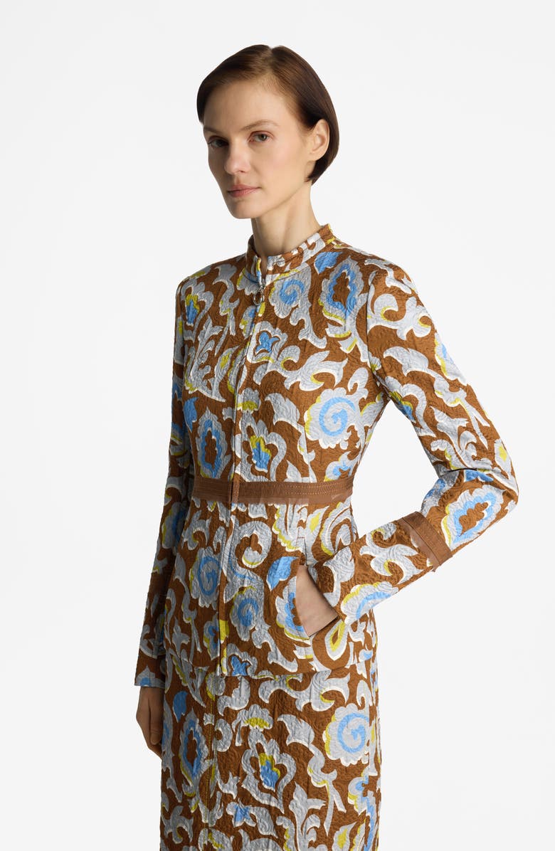 ST. JOHN Western Paisley Print Cotton Blend Matelassé Zip-Up Jacket, Alternate, color, Saddle Multi