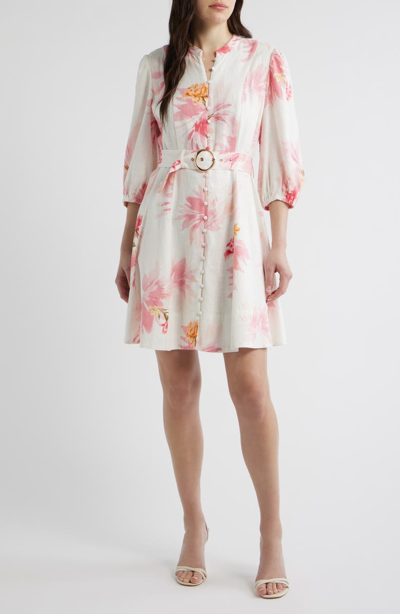 CeCe Floral Print Belted Dress, Main, color, Lucent White