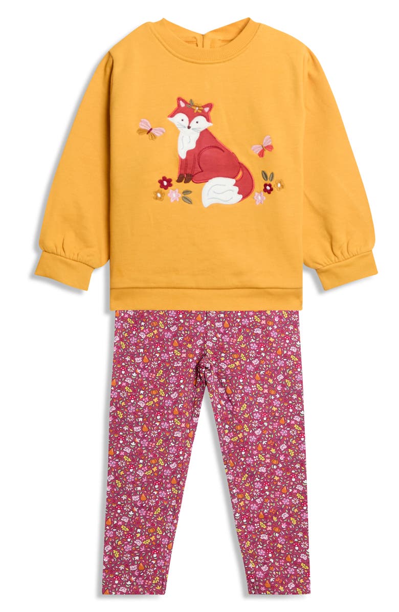 JOJO MAMAN BEBE Fox Cotton Graphic Sweatshirt & Floral Leggings Set, Main, color, Mustard