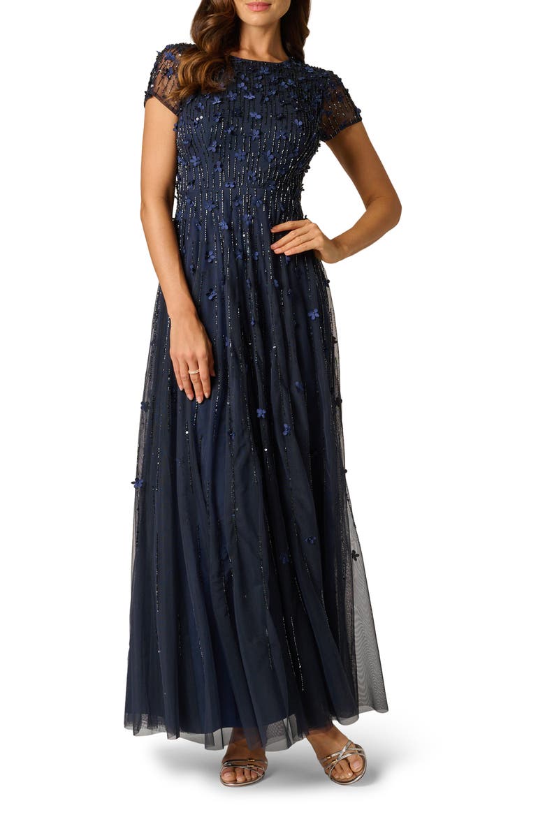 Beaded Appliqué Gown, Main, color, NAVY
