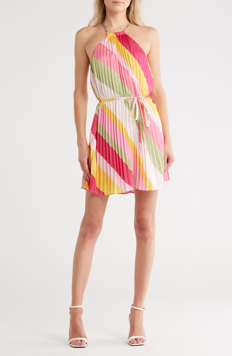 Ramy Brook Chloe Halter Chain Minidress, Main, color, Pink Punch Stripe